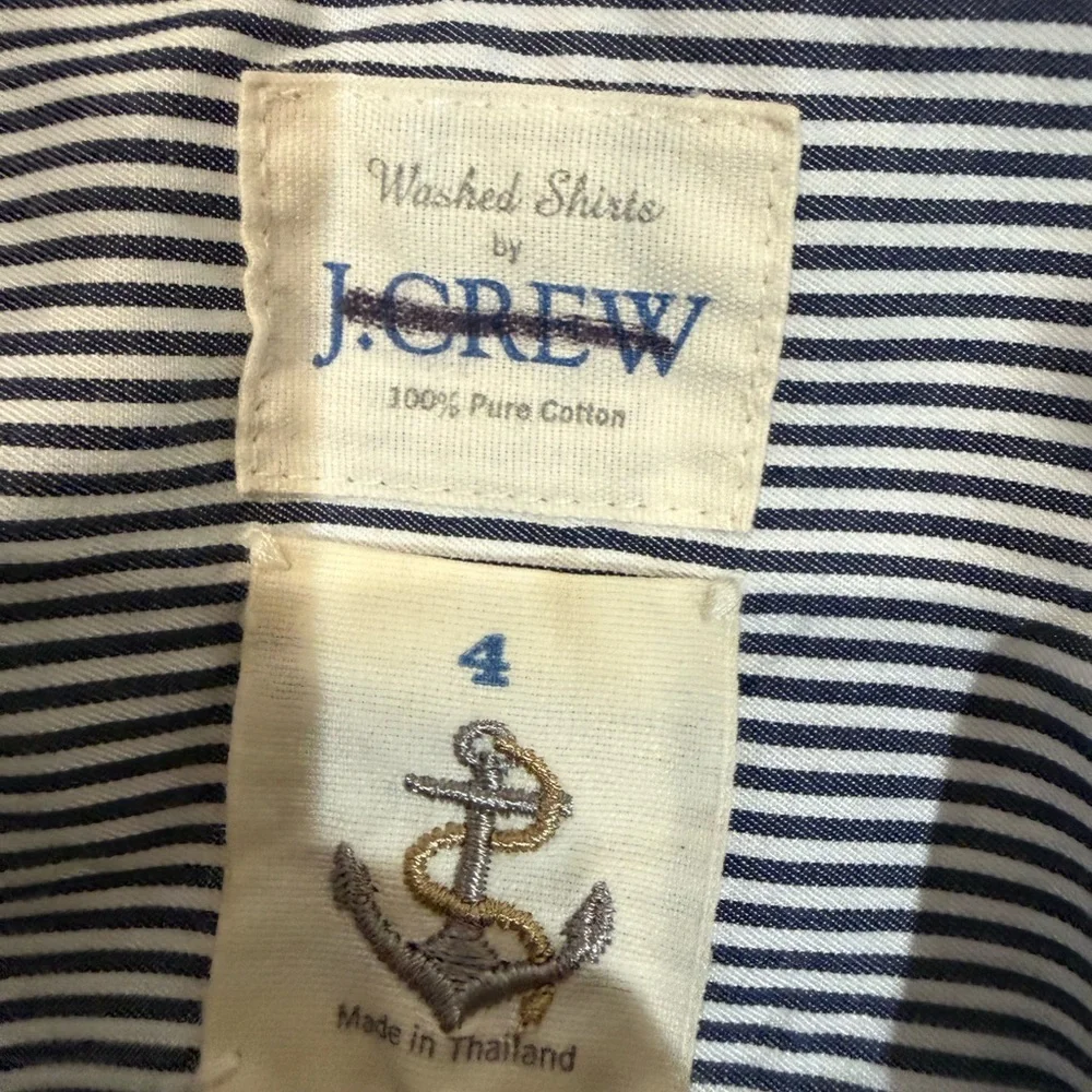 J. Crew Blue Micro-Stripe Button-Up Blouse with White Trim